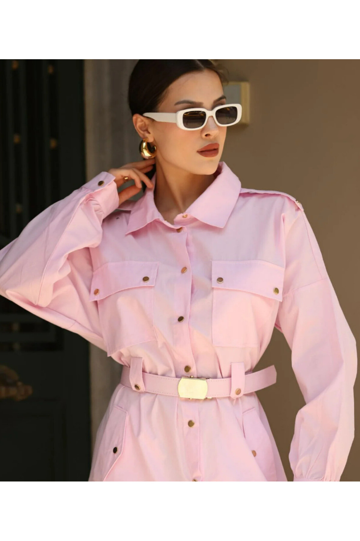 Zerafet Gömlek Elbise - Kuşaklı, Cepli, Düğmeli, Modern Kadın Elbisesi - 3