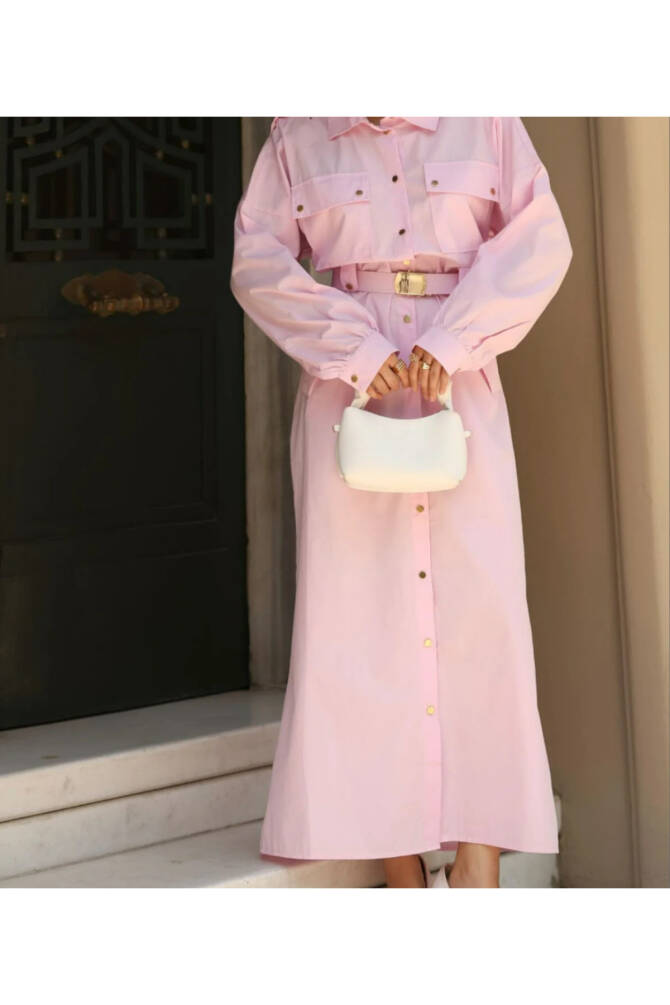 Zerafet Gömlek Elbise - Kuşaklı, Cepli, Düğmeli, Modern Kadın Elbisesi - 6