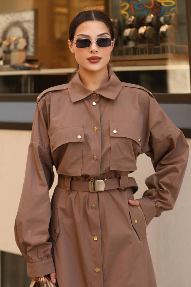 Zerafet Gömlek Elbise - Kuşaklı, Cepli, Düğmeli, Modern Kadın Elbisesi - 7