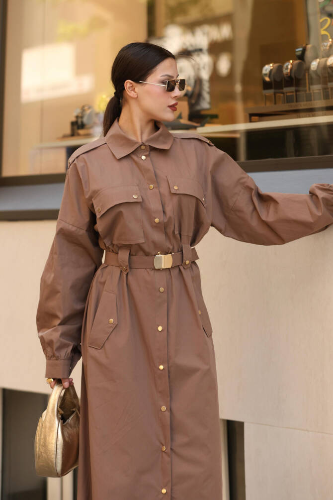 Zerafet Gömlek Elbise - Kuşaklı, Cepli, Düğmeli, Modern Kadın Elbisesi - 8