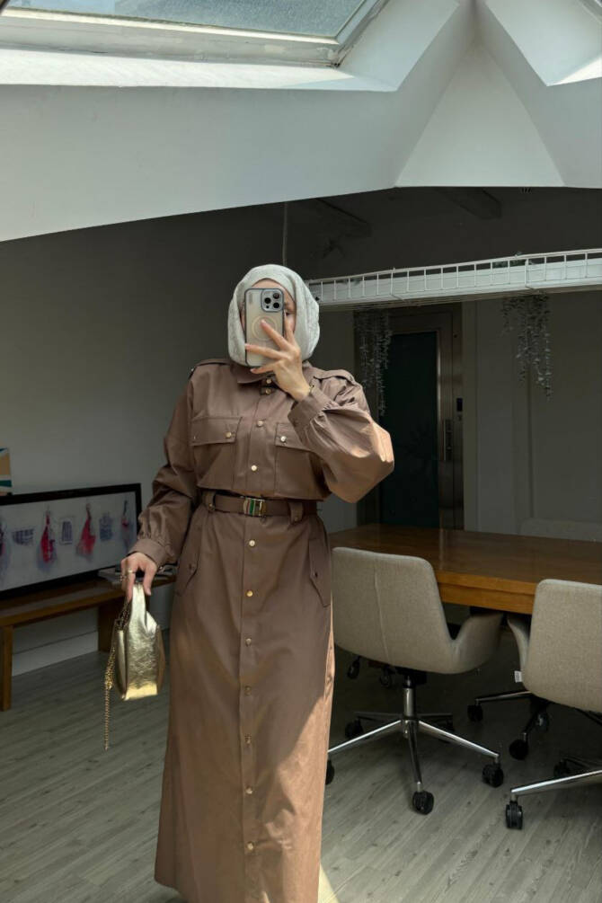 Zerafet Gömlek Elbise - Kuşaklı, Cepli, Düğmeli, Modern Kadın Elbisesi - 10