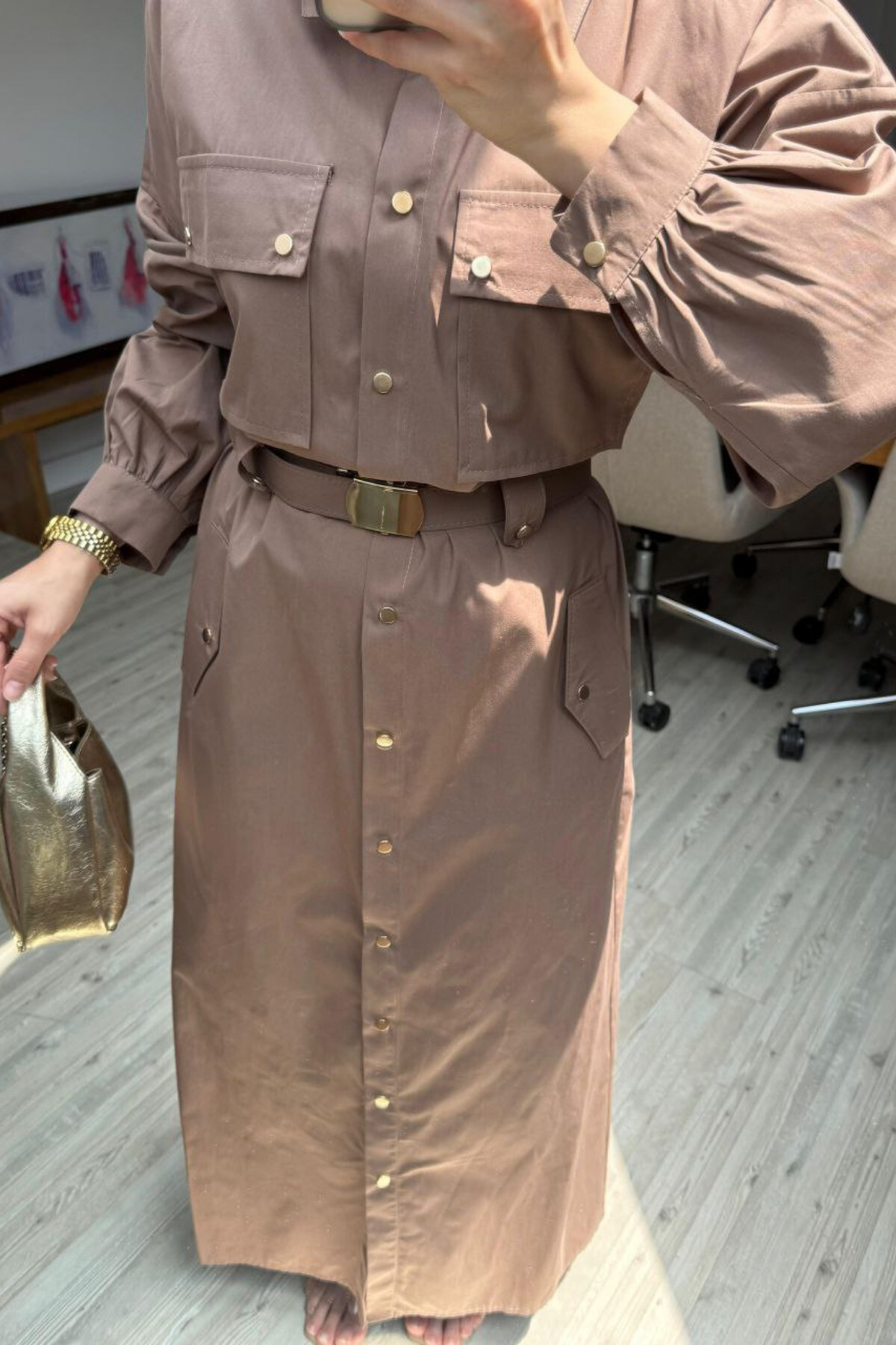 Zerafet Gömlek Elbise - Kuşaklı, Cepli, Düğmeli, Modern Kadın Elbisesi - 11